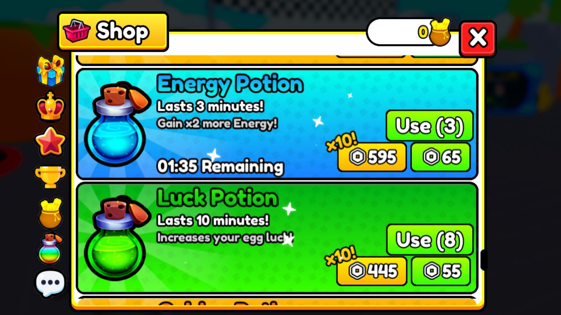 The Potions tab in Motorcycle Racing (Image via Roblox)
